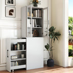70.87" H Slim Display Storage Cabinet with 4 Tier Multi-Functional Pull-Out Shelves, Narrow Bookcase with 2 Glass Doors, Space Saving Storage Organizer for Kitchen Living Room Bathroom, White