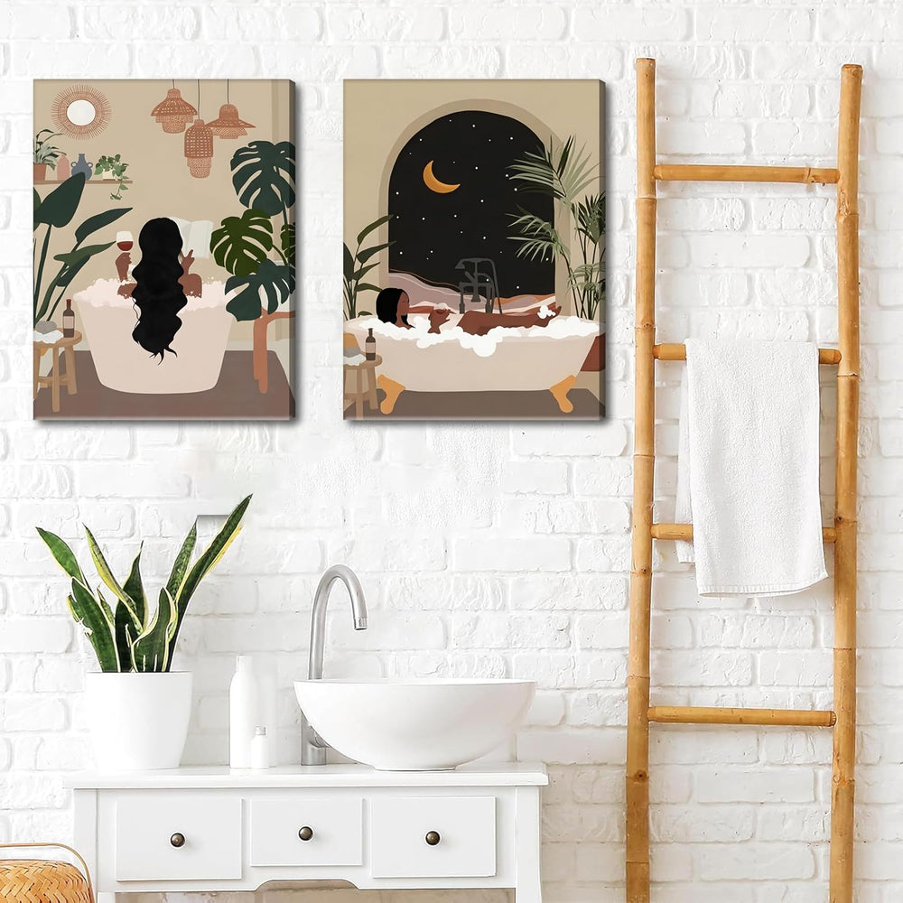 Black Girl Bathroom Wall Art Set of 3, Fashion Boho Black Woman Canvas Wall D...