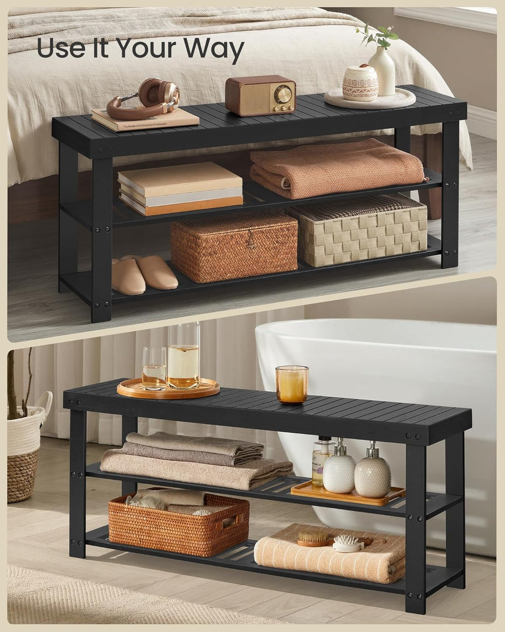 SONGMICS Shoe Rack Bench, 3-Tier Bamboo Shoe Storage Organizer, Entryway Benc...