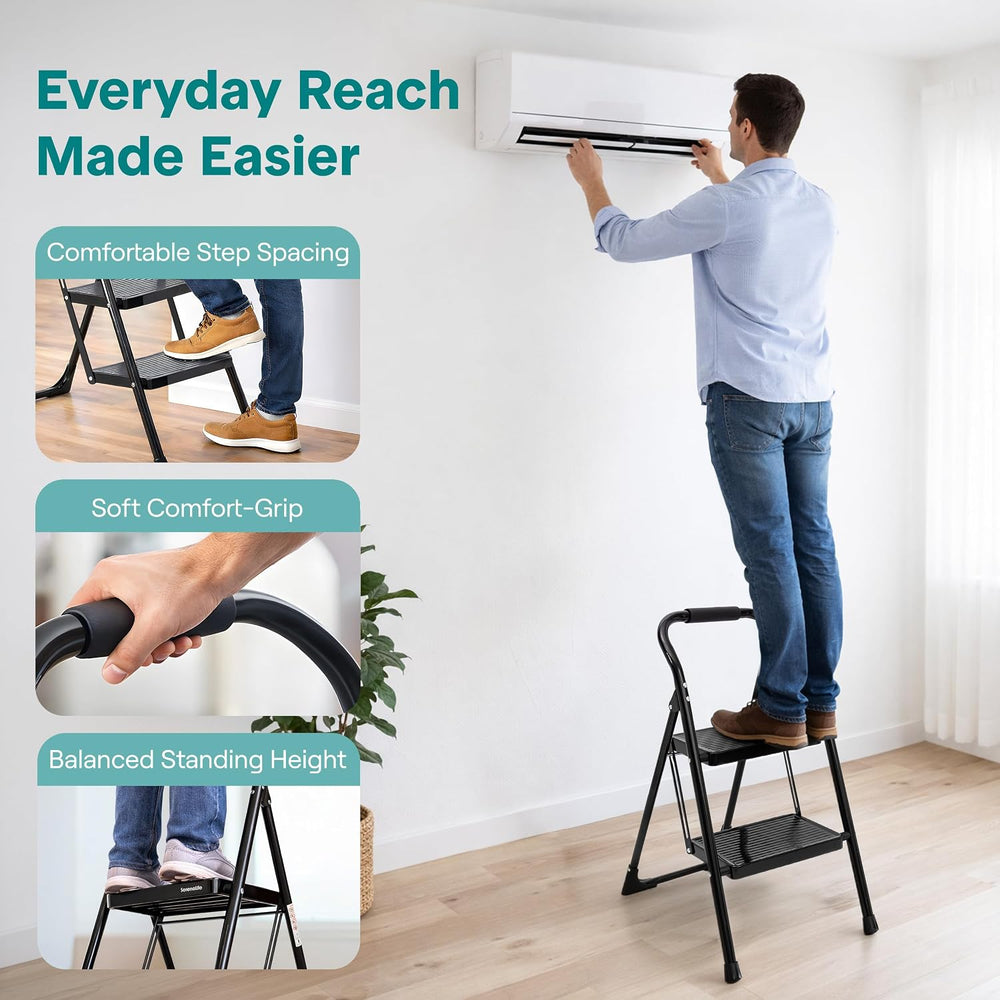 SereneLife 2 Step Ladder, Folding Step Stool for Adults, Heavy Duty, 570 Lb