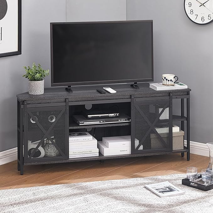 HOMISSUE Corner TV Stand for 55 Inch TV, Rustic Corner Entertainment Center with Storage, Industrial Media Console Table with Sliding Barn Door, Entertainment Center for Living Room, Grey