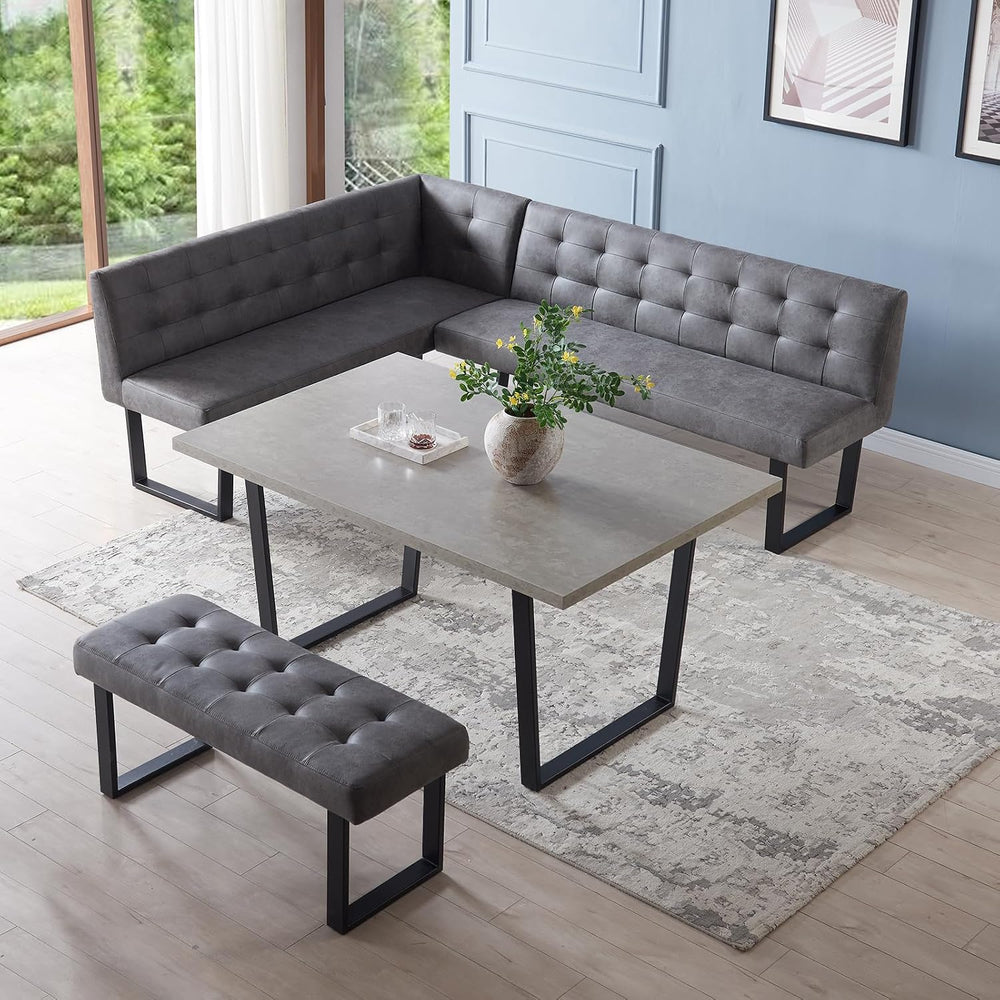 HIPIHOM Dining Table Set with Bench, Grey Table with Grey Right Seat Bench | ...