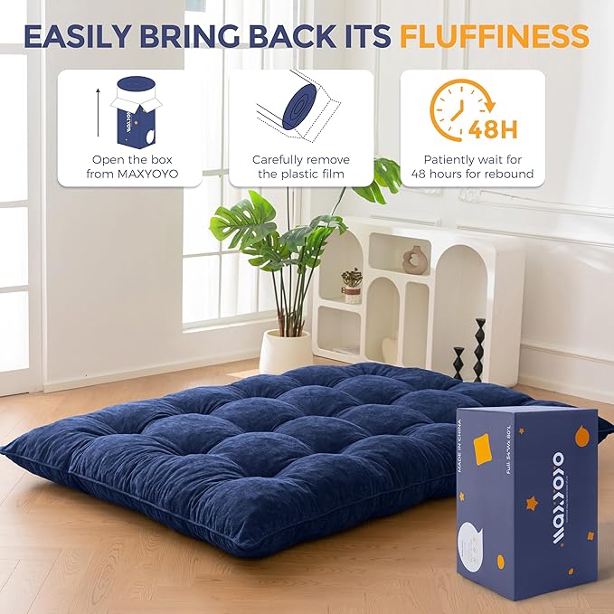 MAXYOYO Japanese Floor Mattress Queen Size, 6" Foldable Futon Mattress Tufted Roll Up Floor Bed, Thick Chenille Tatami Mat Sleeping Pad for Camping Guest Room Dormitory Bedroom RV, Navy