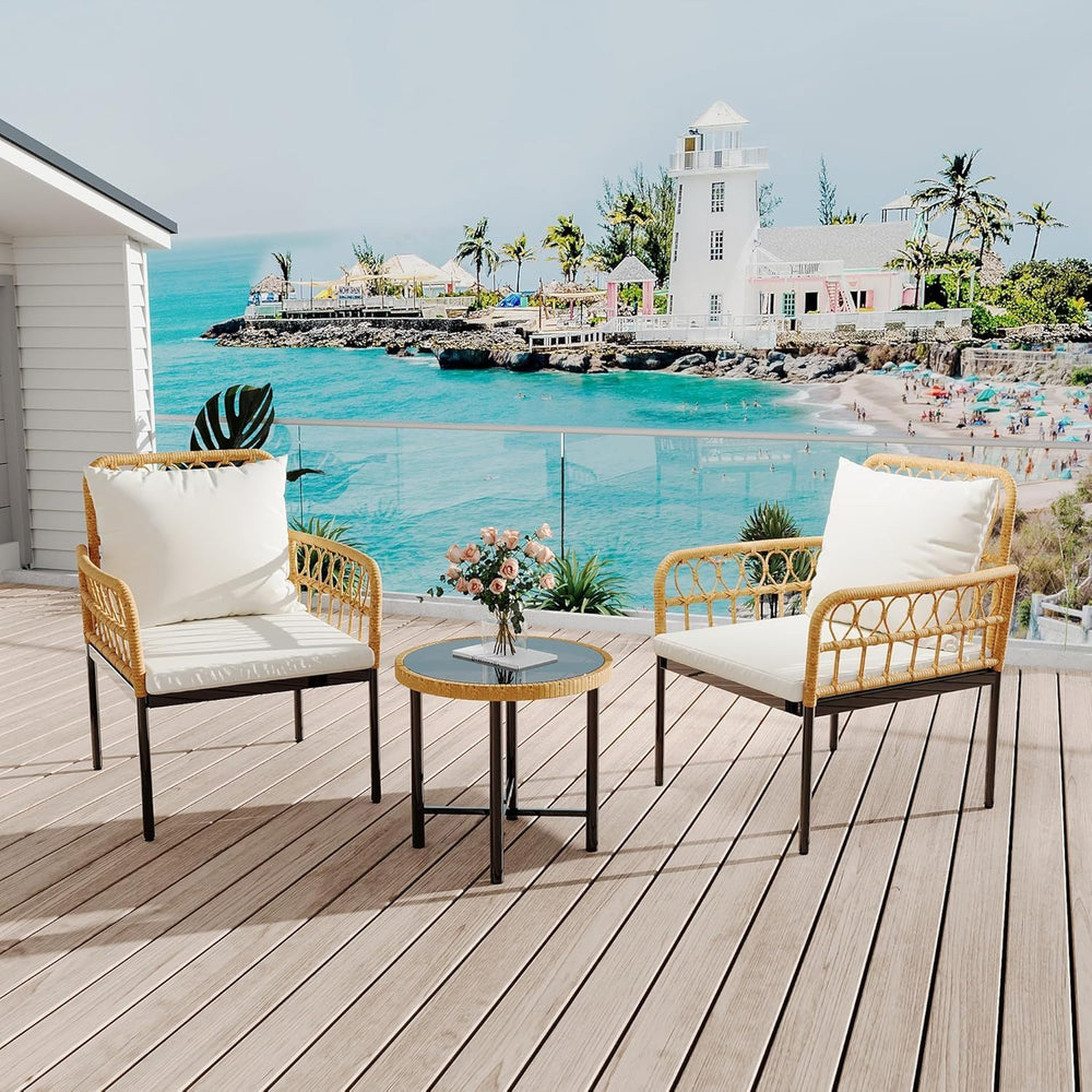 3-Piece All-Weather Wicker Rattan Bistro Patio Furniture Set with Glass Table...