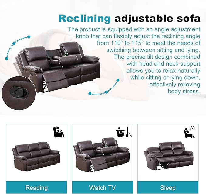 Recliner Sofa Set Couches for Living Room Chair Semi PU Fabric Living Room Furniture Sets, Adjusted Loveseat Reclining Couch Furniture Sofa Set for Theater Seating, 3-Seater, Dark Brown