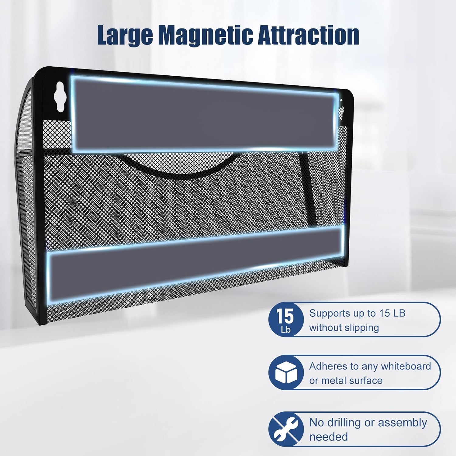 Magnetic File Holder 3 Pockets File Folder Organizer, Office Hanging Magazine Rack for File Cabinets, Magnetic Paper Holder, No Drilling Mail Organizer for Refrigerator, Whiteboard, Office, Kitchen