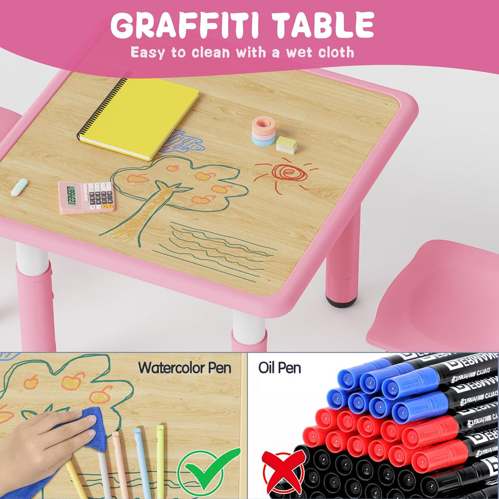 Brelley Height Adjustable Toddler Table and 2 Chairs Set, Pink | Table Supports 280 lbs, Wooden Drawing Activity Desk, Classroom/Daycare/Home, Children Multi-Activity Table for Ages 3-8