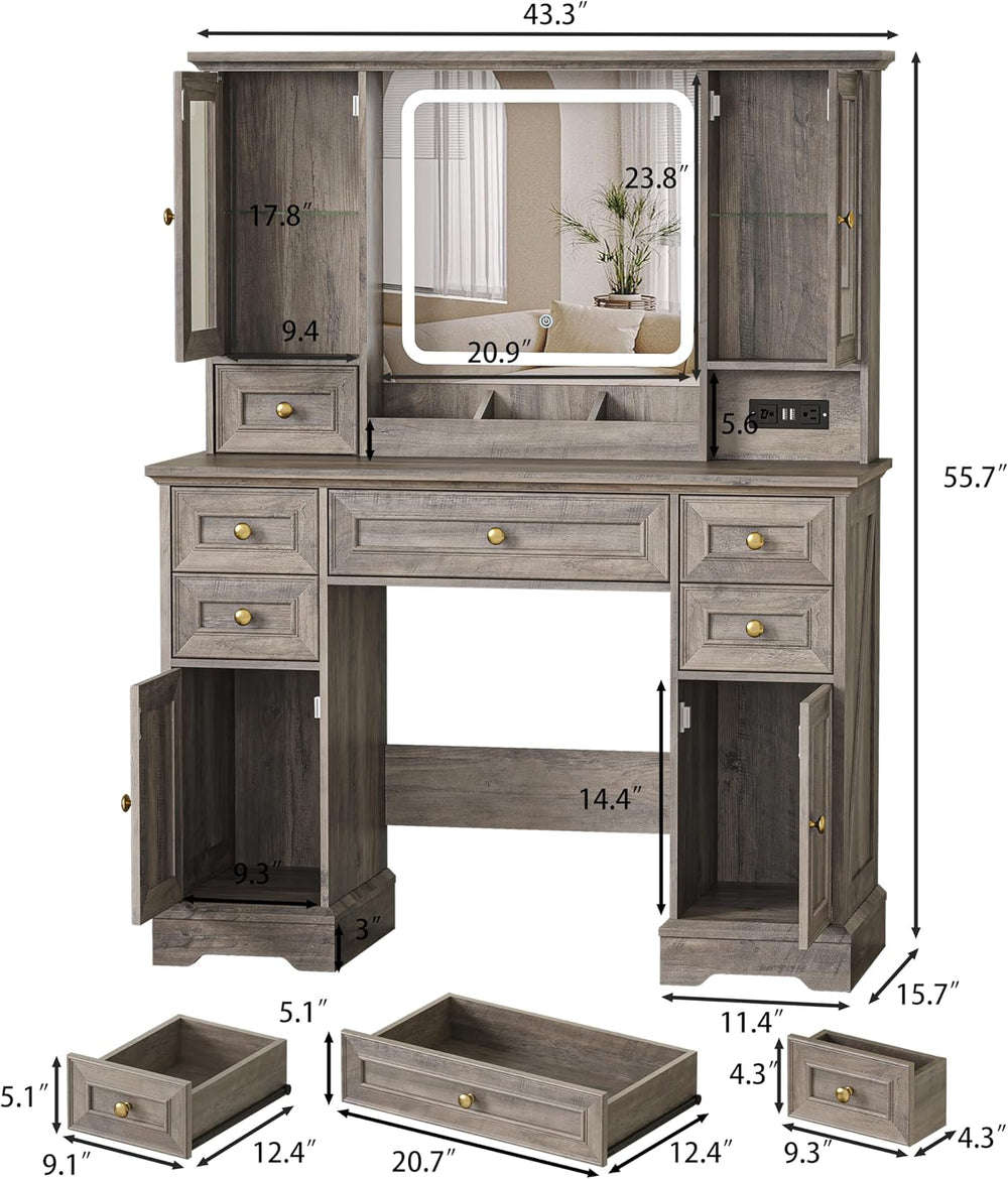 HUANLEGO Farmhouse Makeup Vanity Desk with Mirror and LED Lights, Grey | Vani...
