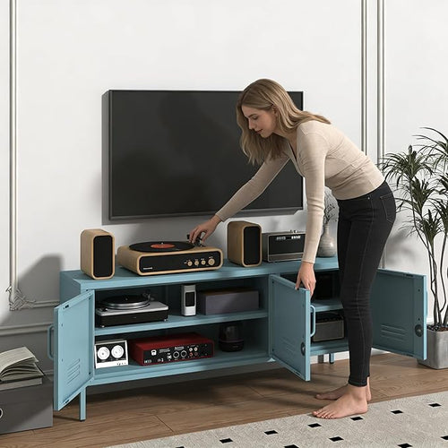 3 Door Lockable Metal TV Stand Storage Cabinet, Wide Heavy Duty Media Console for Large 100+ Inch TVs, Home Office Entertainment Center, Blue 22" H X 47.3" W X 13.8" D