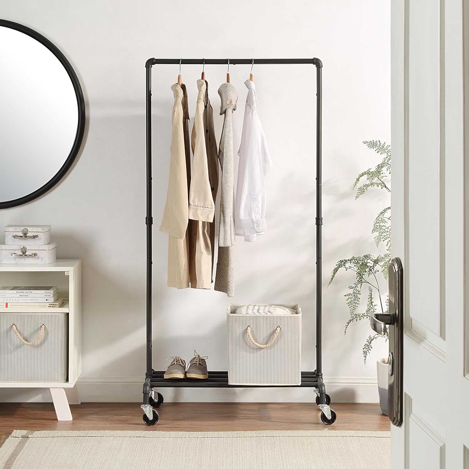 SunnyPoint Industrial Loft Style Rolling Garment Rack - Rolling Clothes Organizer (Single Rack)