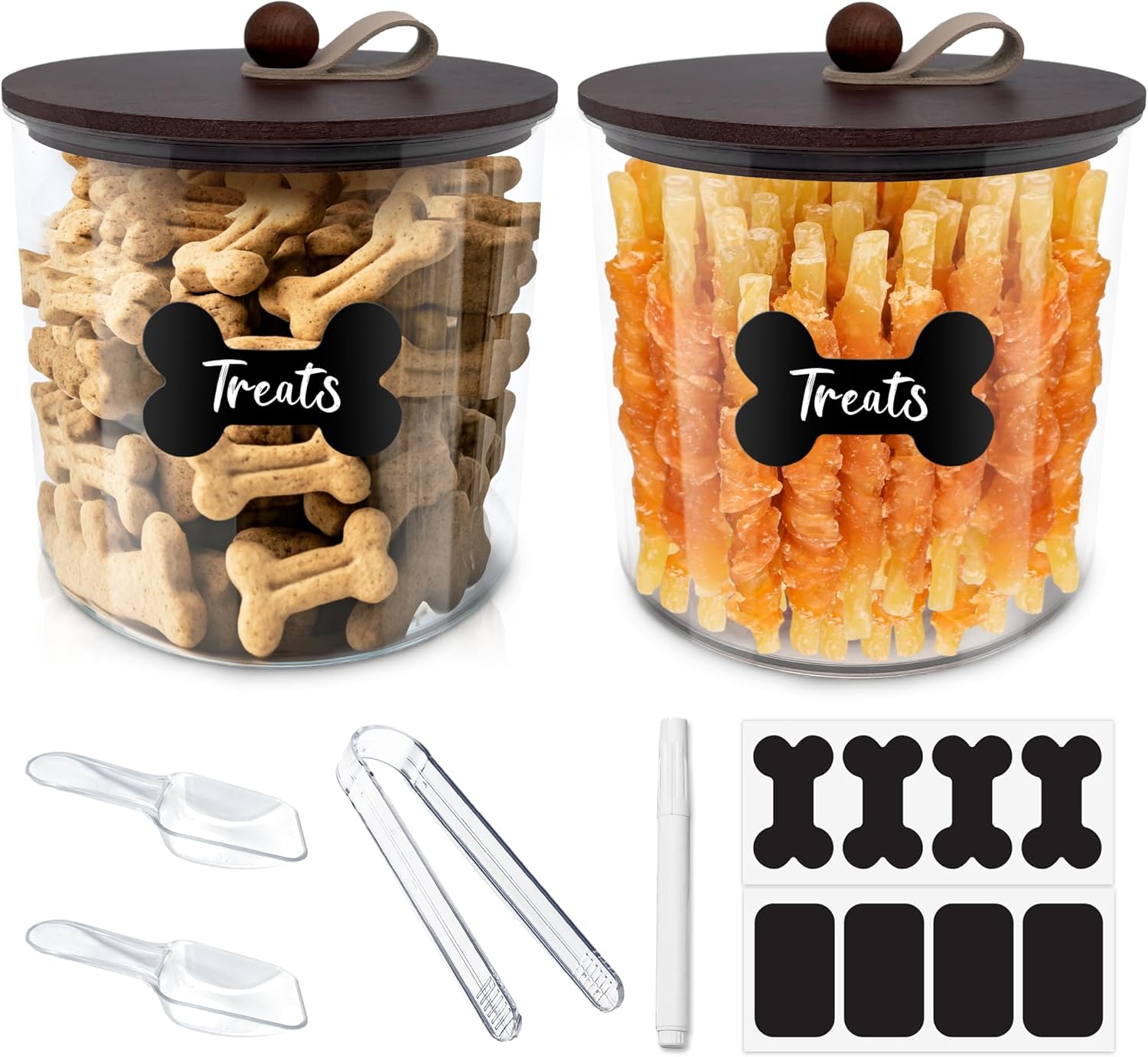 2 Pack Airtight Dog Food Storage Container,Dog Treat Container Dog Treat Jar with Wood Lids 6x5'',Pet Food Storage Container,Cat Food Container with Scoops,Food Tong,Labels,Pen