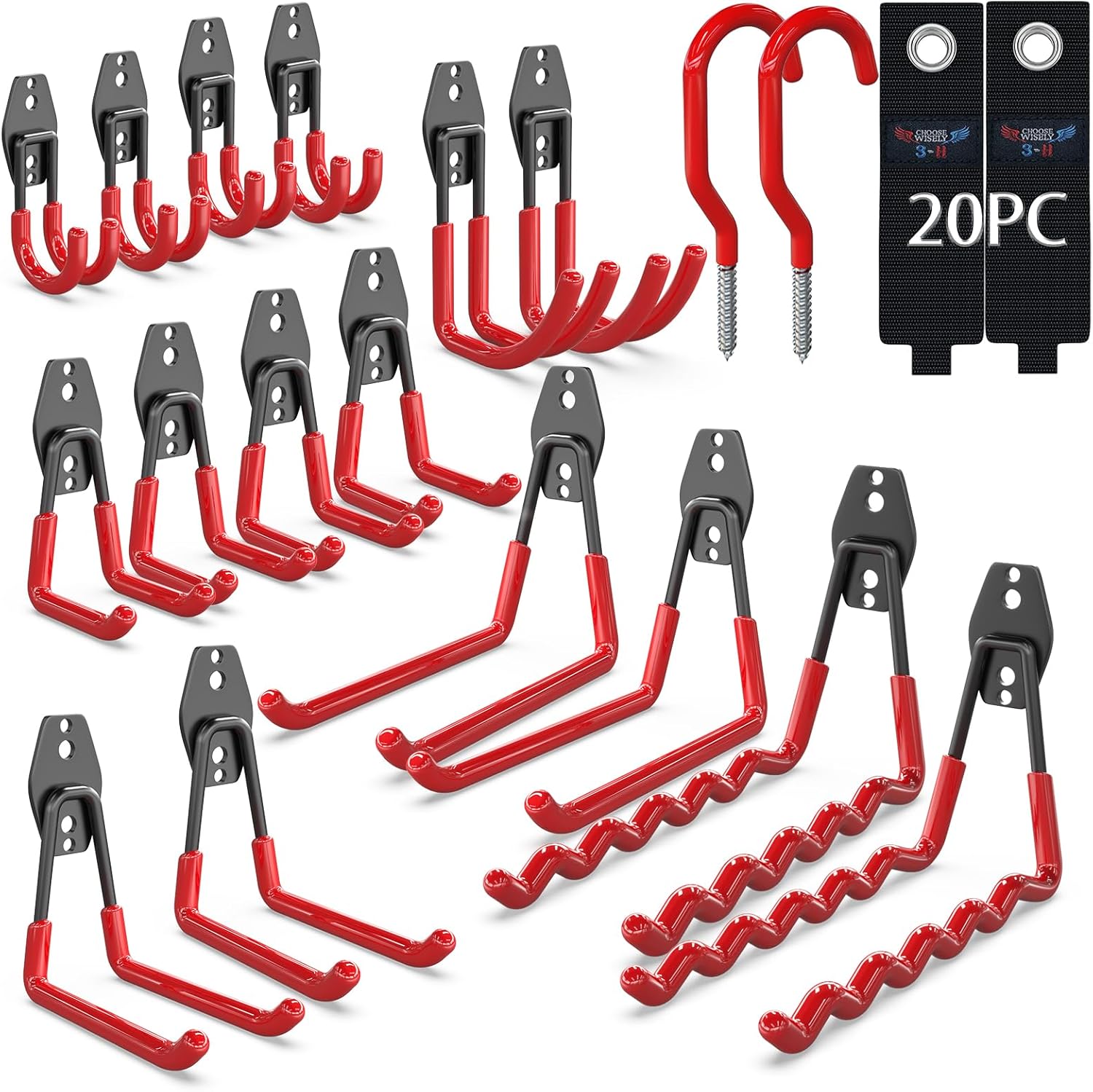 3-H Garage Wall Hooks 20 Pack, Garage Hooks Heavy Duty with Extra Welding Spots, Garage Organizer for Garden, Lawn, Chairs, Ladders, WeedEater, Shovel (Red)