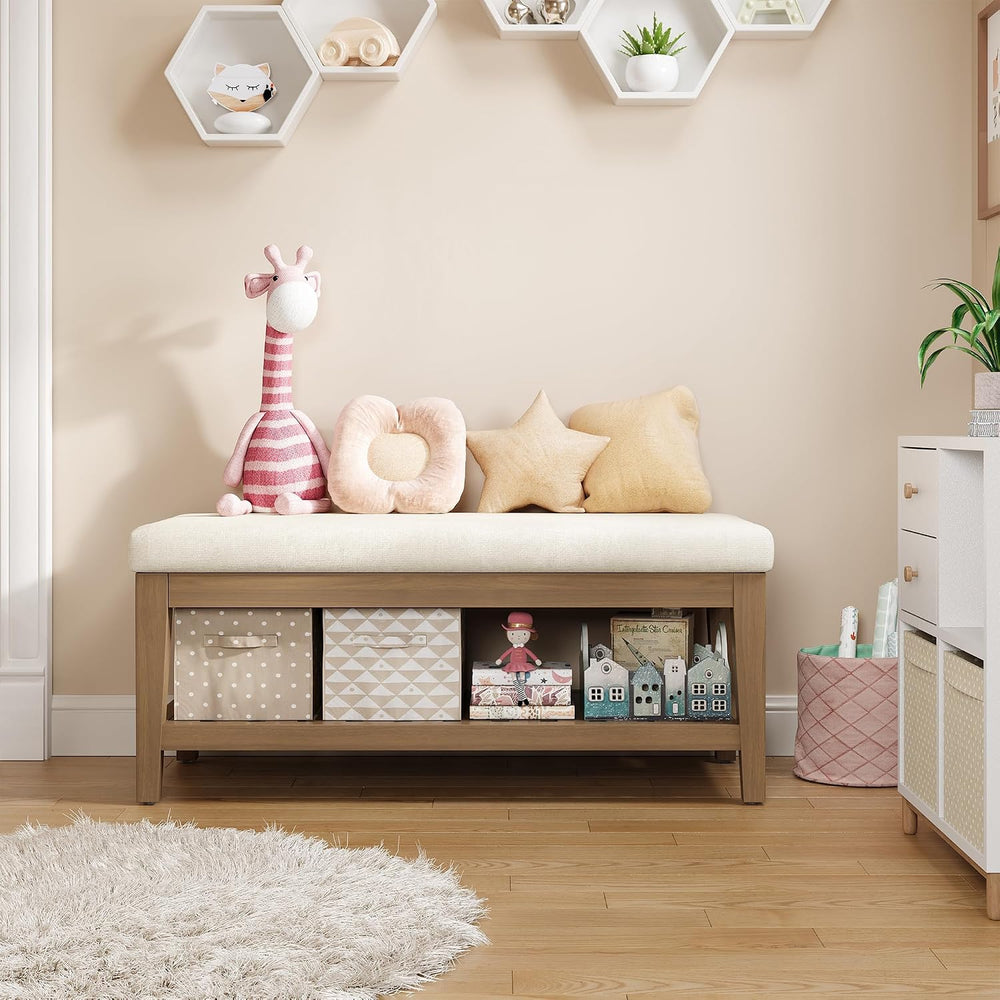 Apicizon 45" Shoe Rack Bench with Cushion, Solid Rubberwood Entryway Ben...