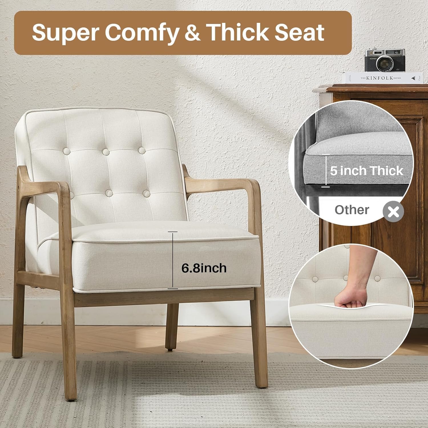 SOFTHION Linen Mid Century Modern Chair with Solid Wood Frame 2-Pack, White | Upholstered Tufted Leisure Chair Reading Side Chair with Armrest, 105°Ergonomic Comfort for Living Room, Bedroom & Balcony
