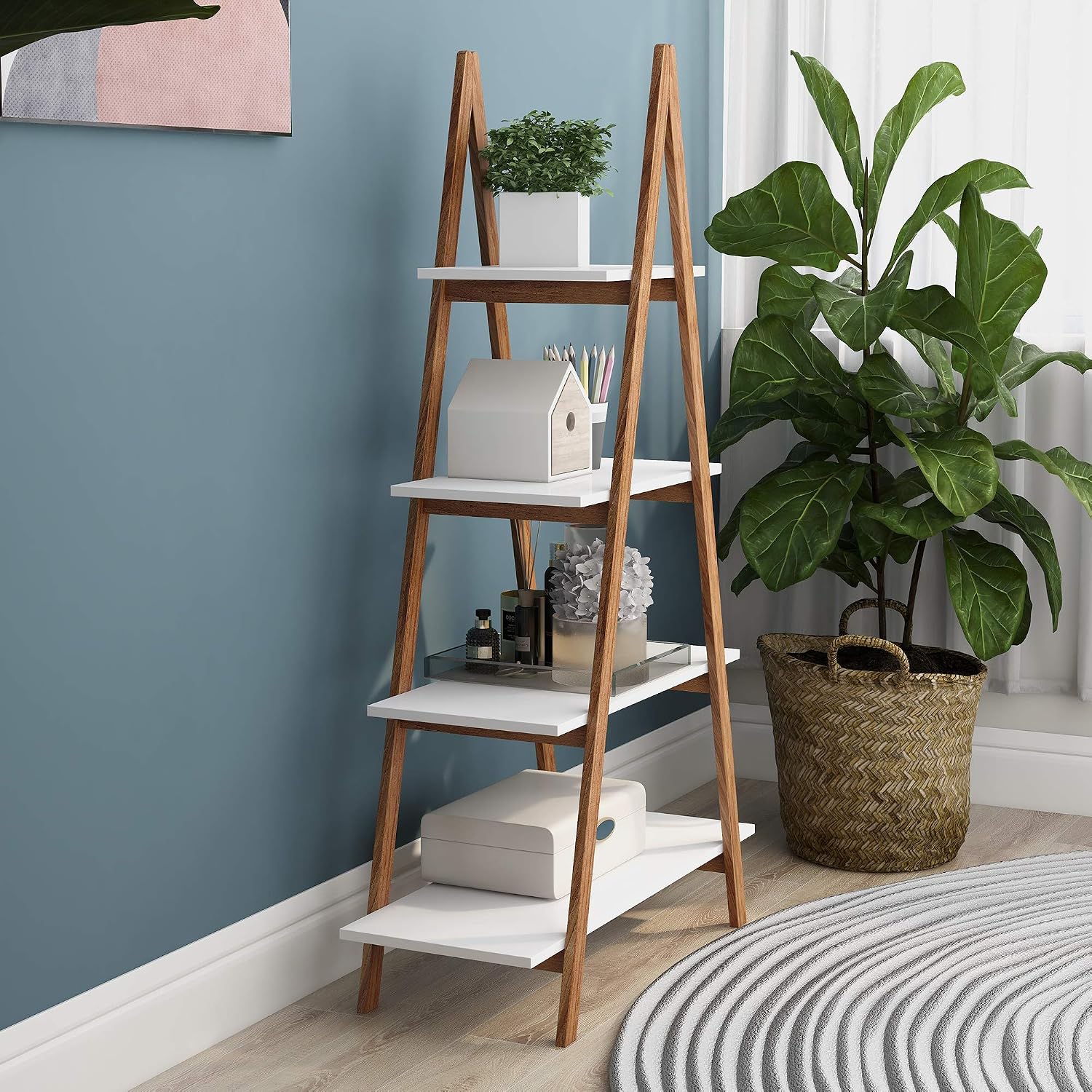 4 Tier Ladder Shelf, Industrial Bookshelf A-Shaped Bookcase, Ladder Bookshelf, Freestanding Storage Organizer Display Shelf, Multipurpose Storage Shelves Rack for Living Room Bedroom Home Office