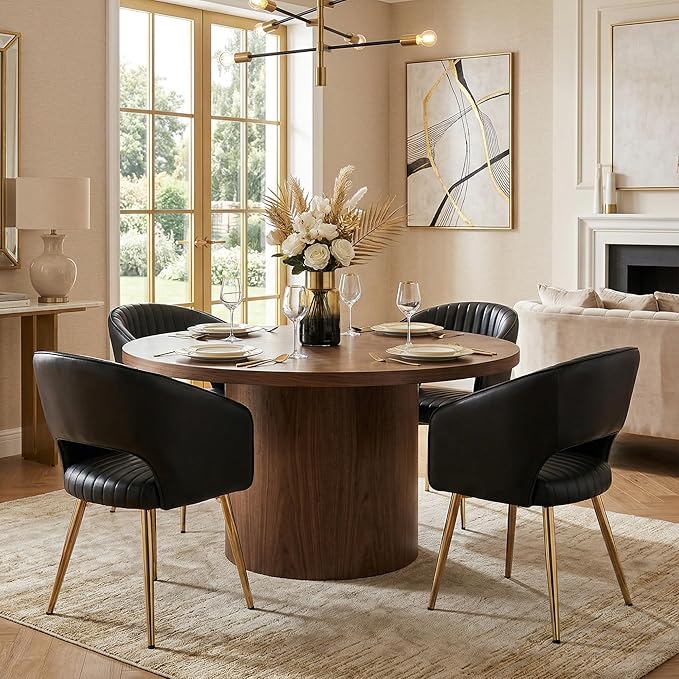Faux Leather Dining Chairs Gold Legs, Modern Black PU Leather Dining Room Chairs with Arms Set of 4 Upholstered Accent Chair Armchair with Barrel Back for Kitchen Living Room