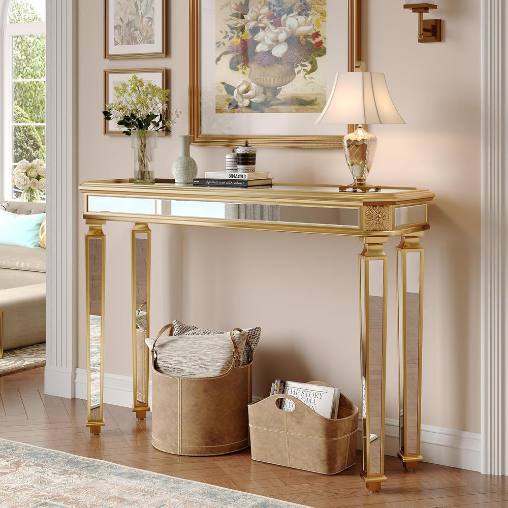 Gold Mirrored Console Table, 48" Rectangle Glass Sofa Table with Mirrore...