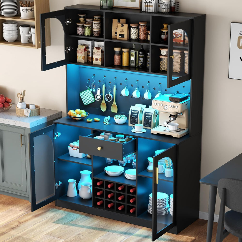72'' Large Kitchen Pantry Cabinet with LED Light, Black Kitchen Hutch...