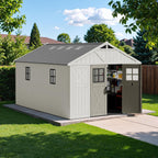 Devoko 10x14 FT Resin Outdoor Storage Shed with Floor, Plastic Tool Garden Shed with Windows & Lockable Door, Outside Large Storage Shed for Patio Backyard Lawn, Beige