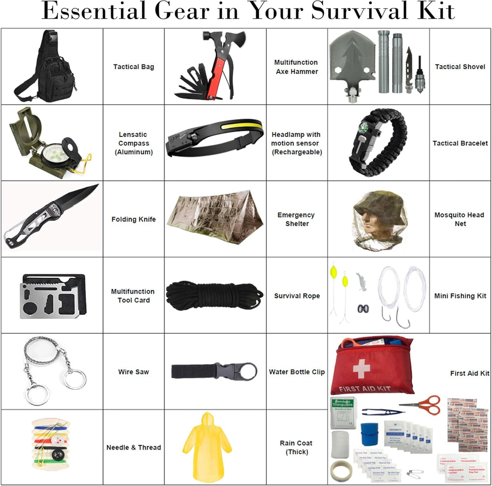 Survival Kit Emergency Supplies 298 Pcs - First Aid, Tactical Shovel, Compass...