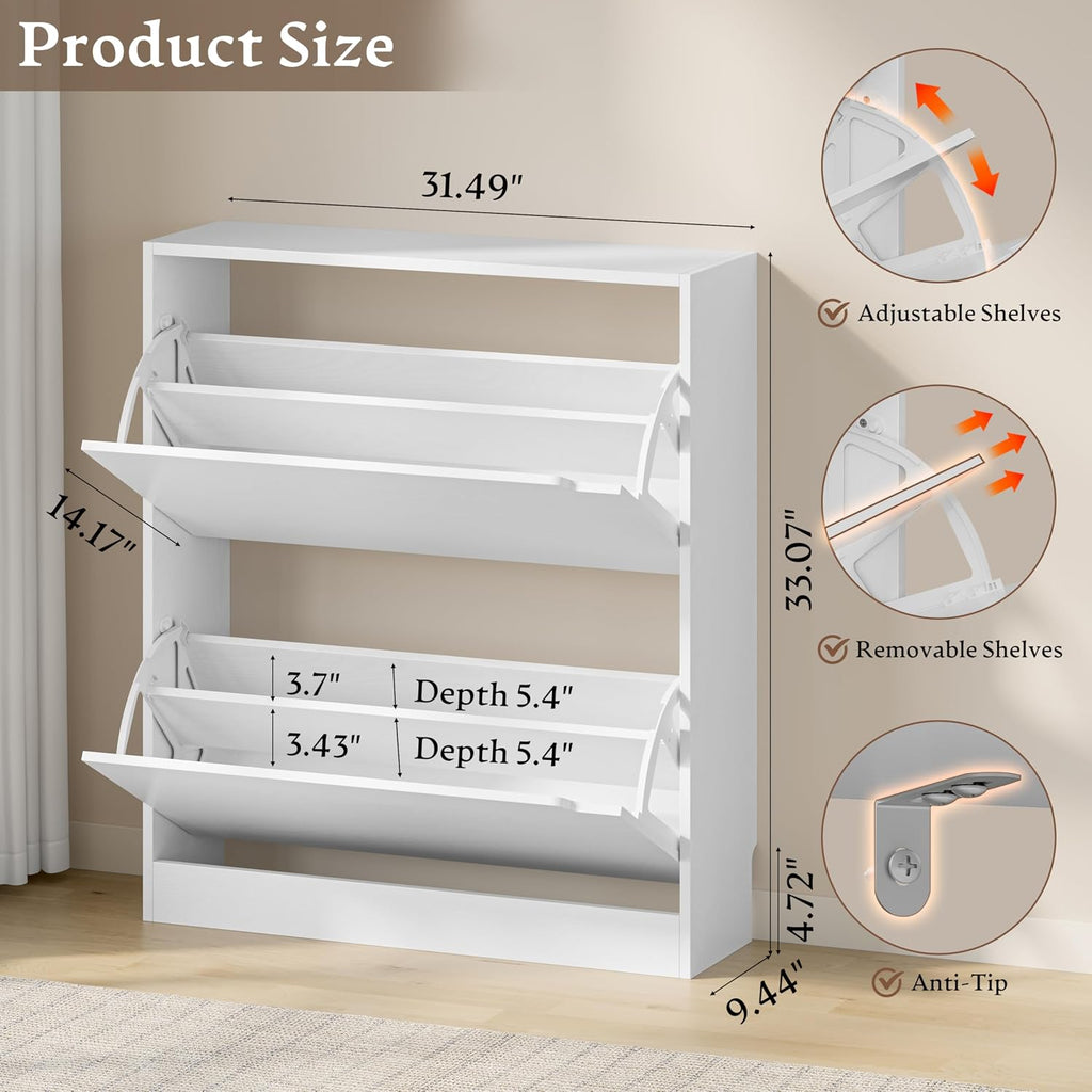 BORNOON Shoe Cabinet with 2 Flip Drawers, Slim Narrow Shoe Storage Cabinet, Freestanding Shoe Organizer with Adjustable & Removable Shelves, Top Display Shelf for Entryway, Hallway, Foyer, Closet