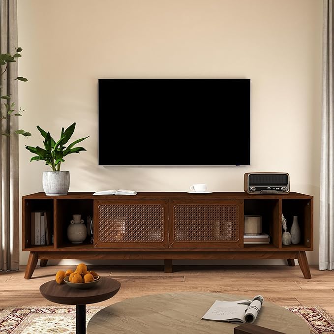 Ball & Cast 68" Mid Century Modern TV Stand for TVs up to 75", Media Console with Rattan Sliding Doors, Open Shelves & Solid Wood Legs, Entertainment Center for Living Room,Bedroom,Walnut