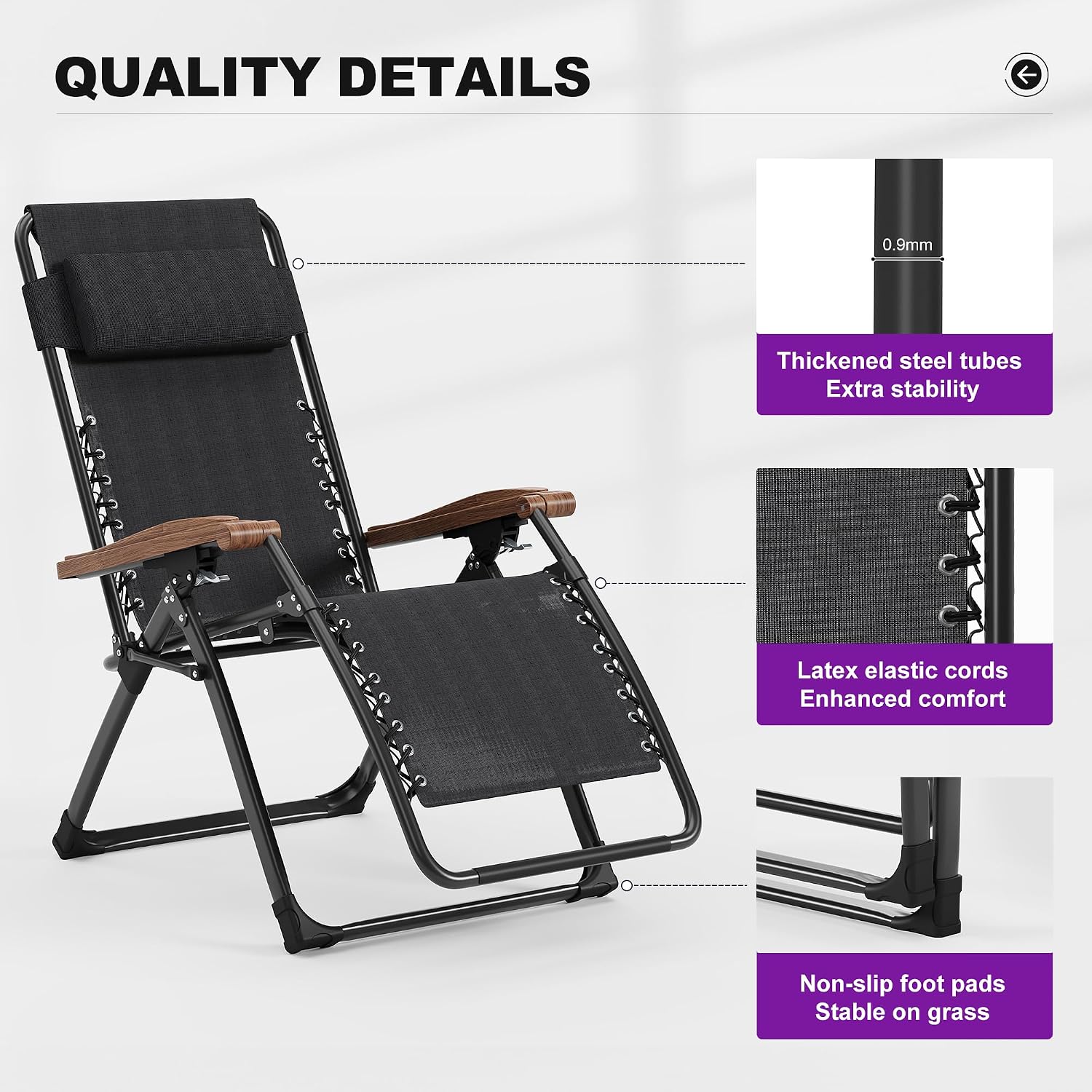 PURPLE LEAF Outdoor Reclining Chair Oversized Removable Cushion, Black | Extra-wide seat, Adjustable head pillow, UV protected textilene, Reclining backrest, Removable cushions, 120gsm peach skin