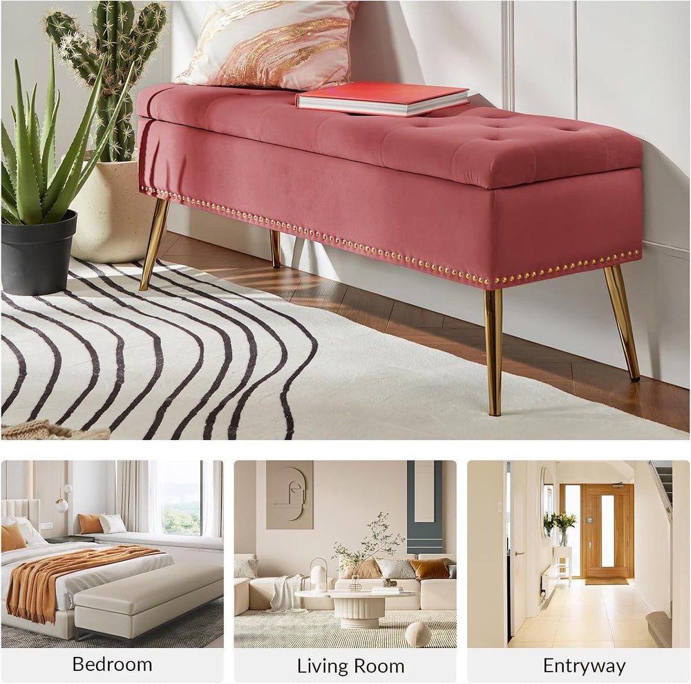HULALA HOME Modern Velvet Storage Ottoman Bench with Gold Base & Nailhead...