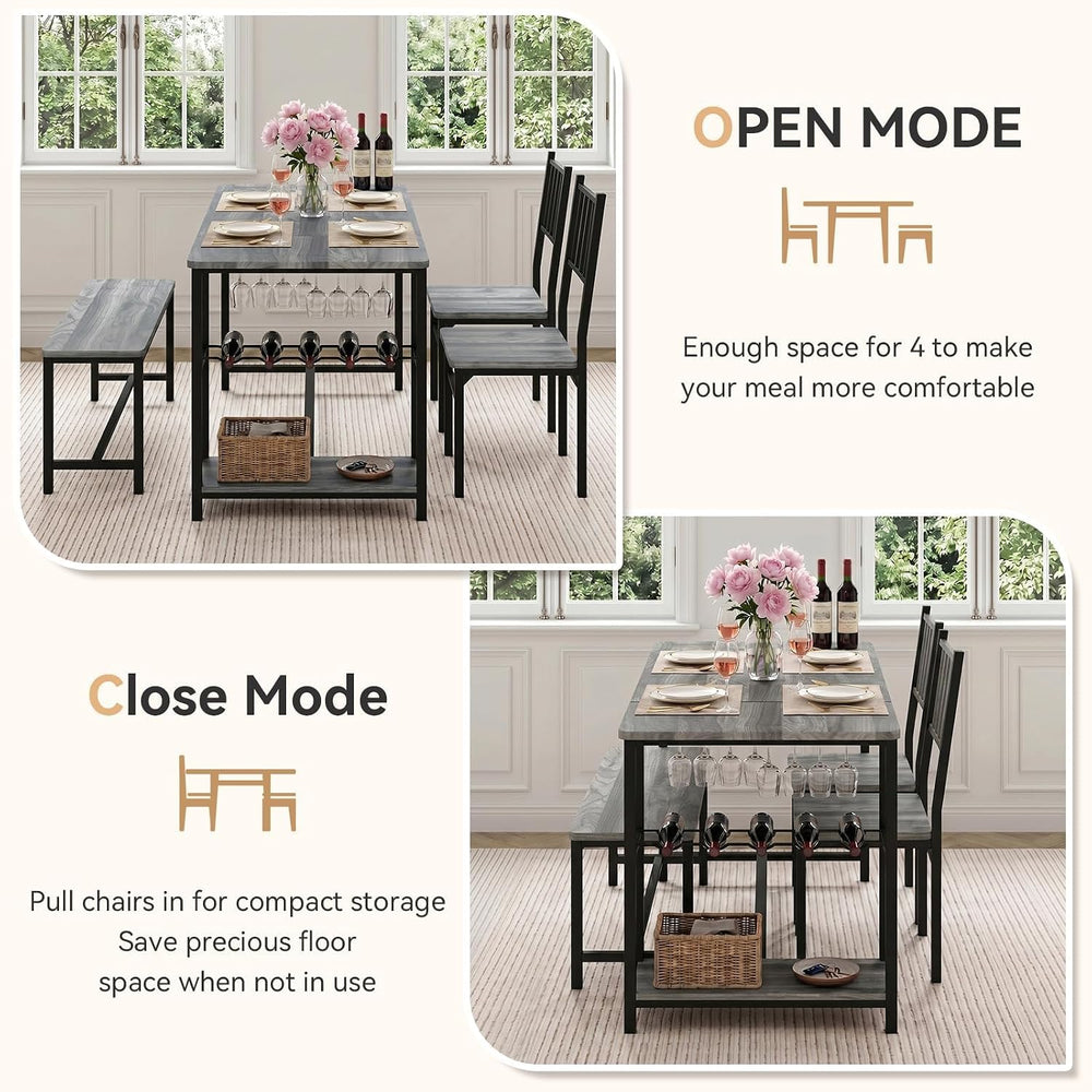 4 EVER WINNER 55-Inch Dining Table Set for 4 with Bench, Wine Rack, Grey | 4-...