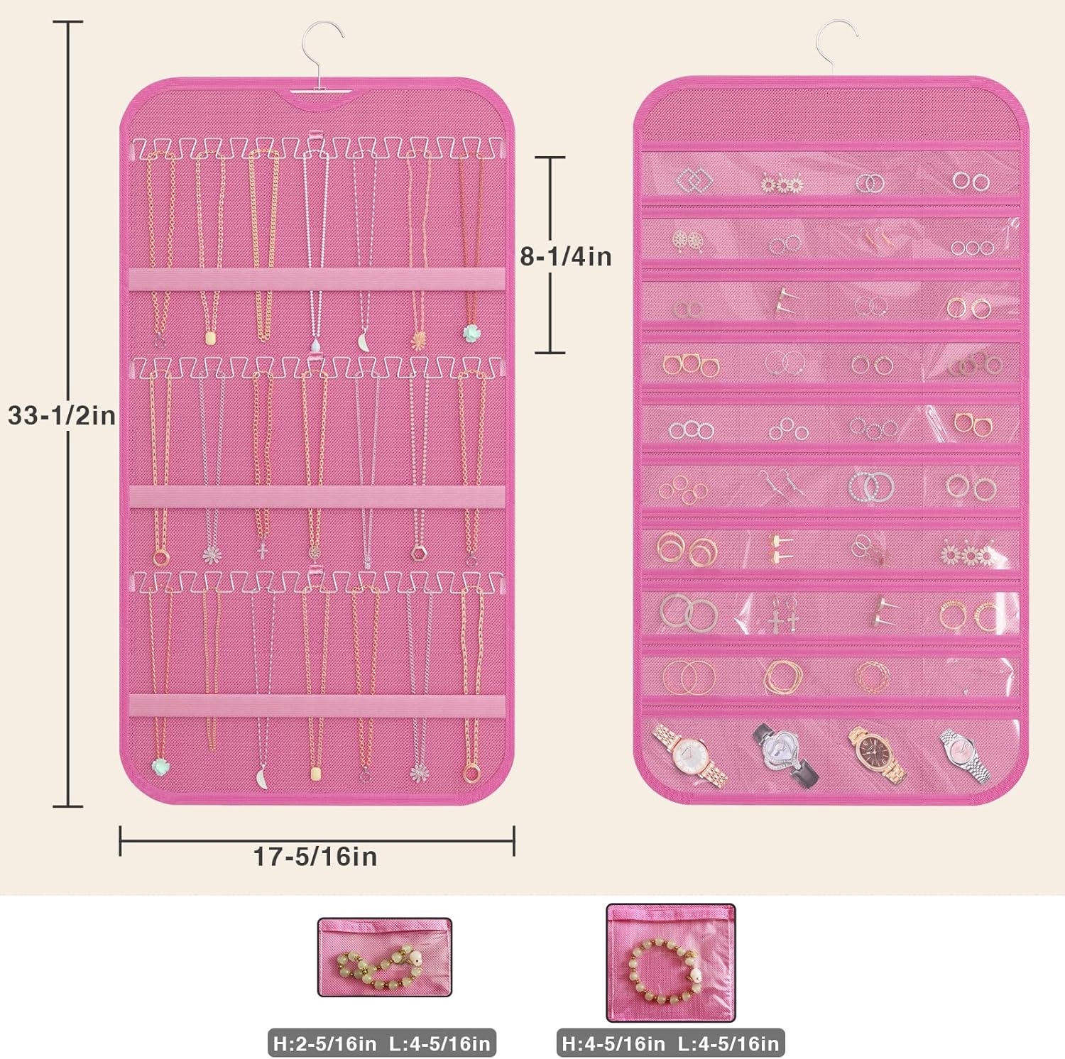 Hanging Jewelry Organizer Storage, 40 Pockets 36 Hooks Necklace Earring Necklace Bracelet Ring Organizer, Double - Sided Design, Pink