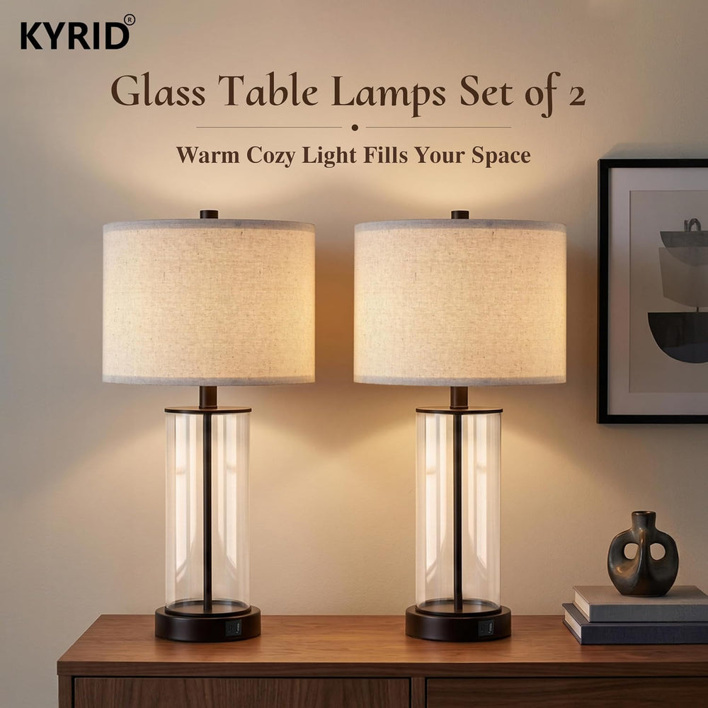 Kyrid 23.5'' Glass Table Lamp Set of 2 for Living Room with USB Ports...