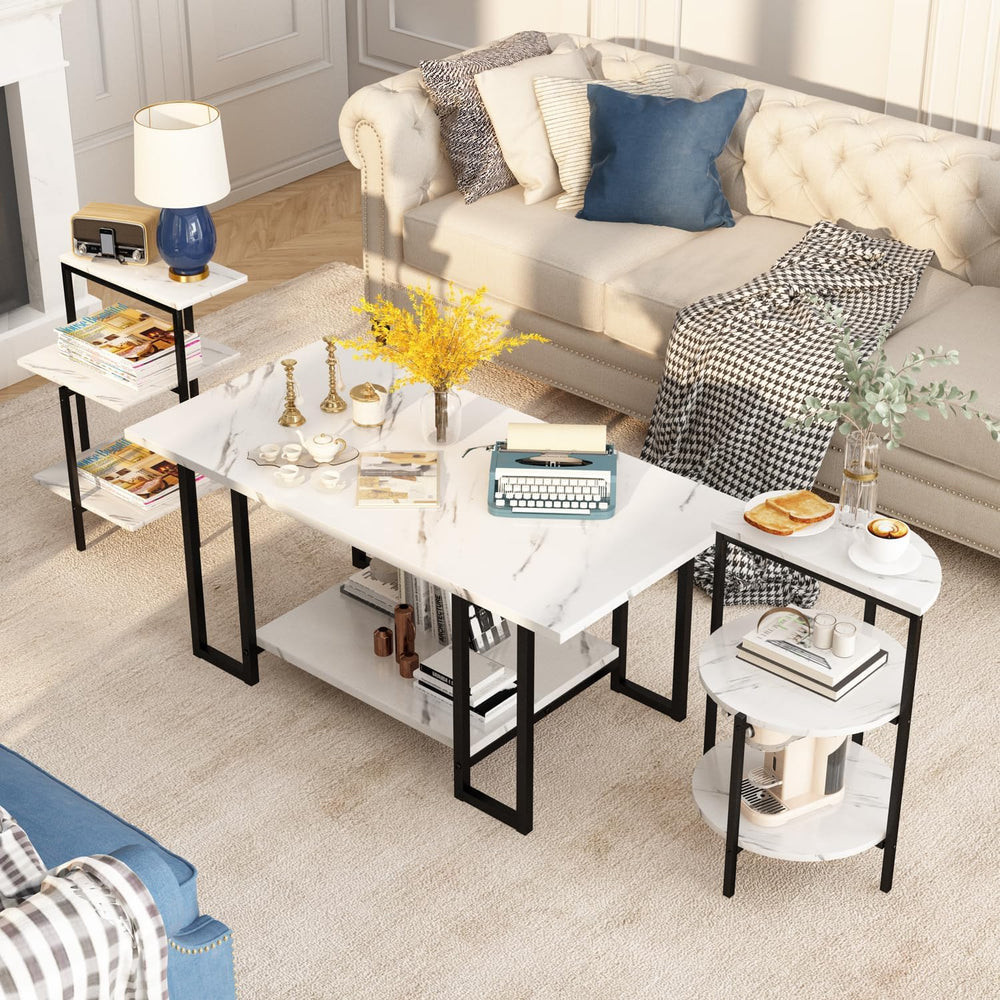 AWQM Coffee Table Set, Faux Marble Table & 2 Side Table, White & Blac...