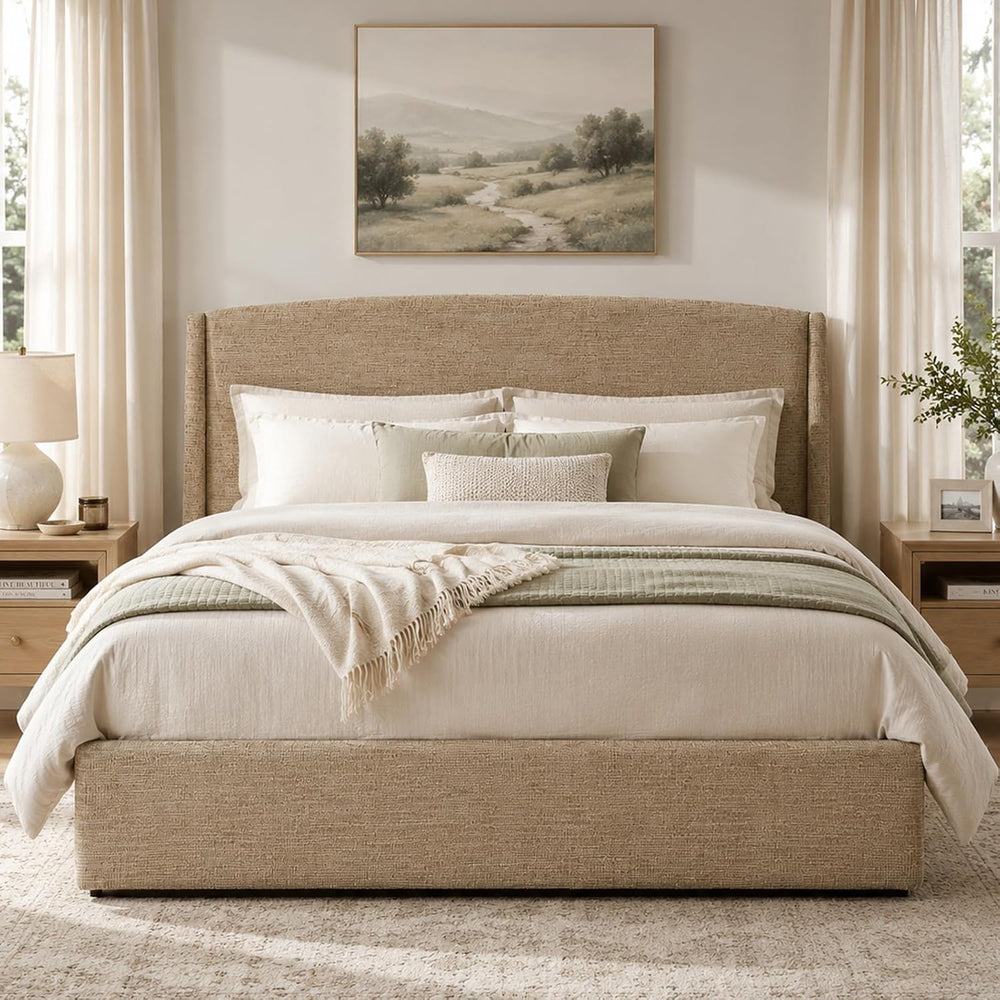VELOCAVA Queen Storage Bed Frame with Curved Wingback Headboard, Linen-Look U...
