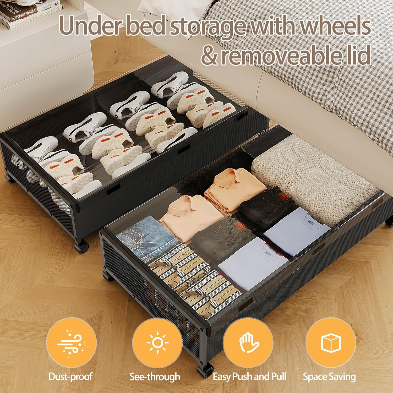 KITHELP Underbed Storage Containers with Wheels, Large Under Bed Drawers on Wheels with Removable Lids, Rolling Shoe Organizer Under Bed Storage Dresser Metal Drawers for Clothes Toys Blankets (2PACK)