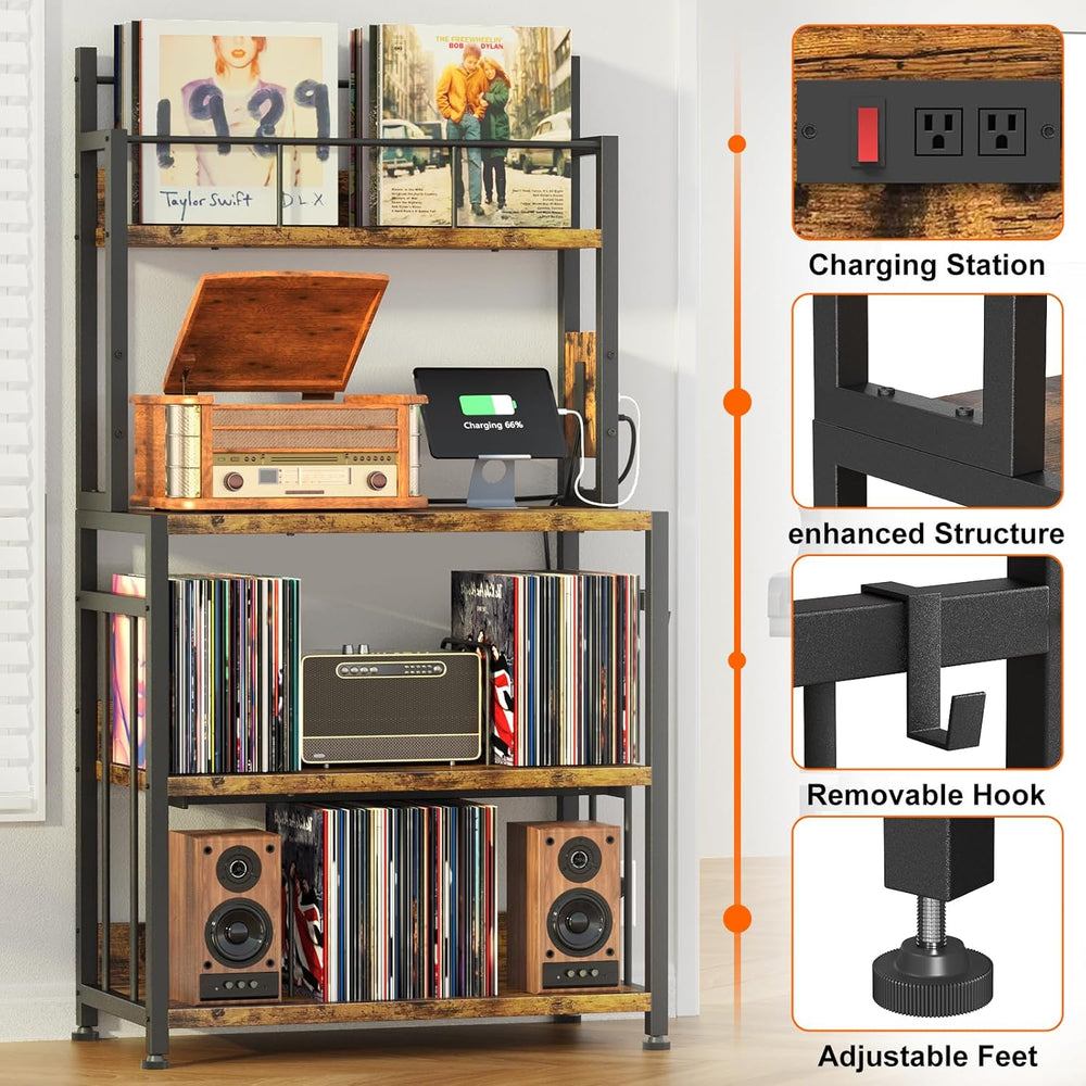 Record Player Stand with Power Outlets,Vinyl Display and Storage shelf | 4-Ti...