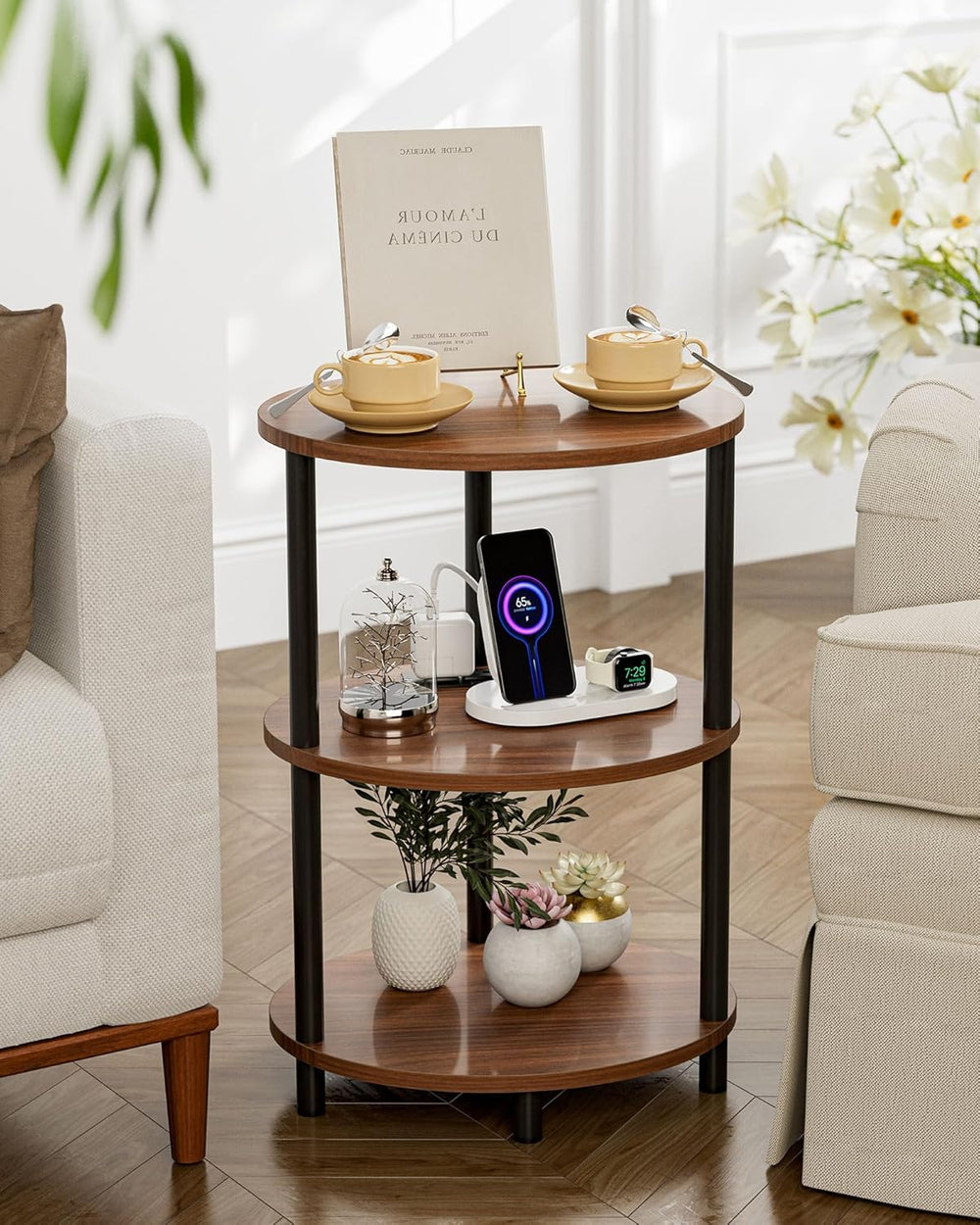 Small Round Side Table - 3-Tier Oval Accent Table for Small Spaces, Rustic Wo...