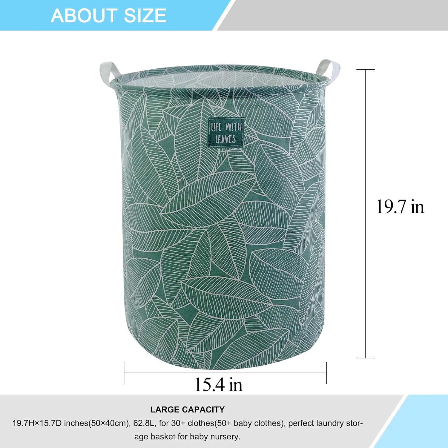 Mziart Large Foldable Laundry Basket Organizer, Collapsible Laundry Hamper Fabric Clothes Toy Storage Basket Nursery Hamper Storage Bin for Household Bedroom, Bathroom, College Dorm (Big White Leaf)