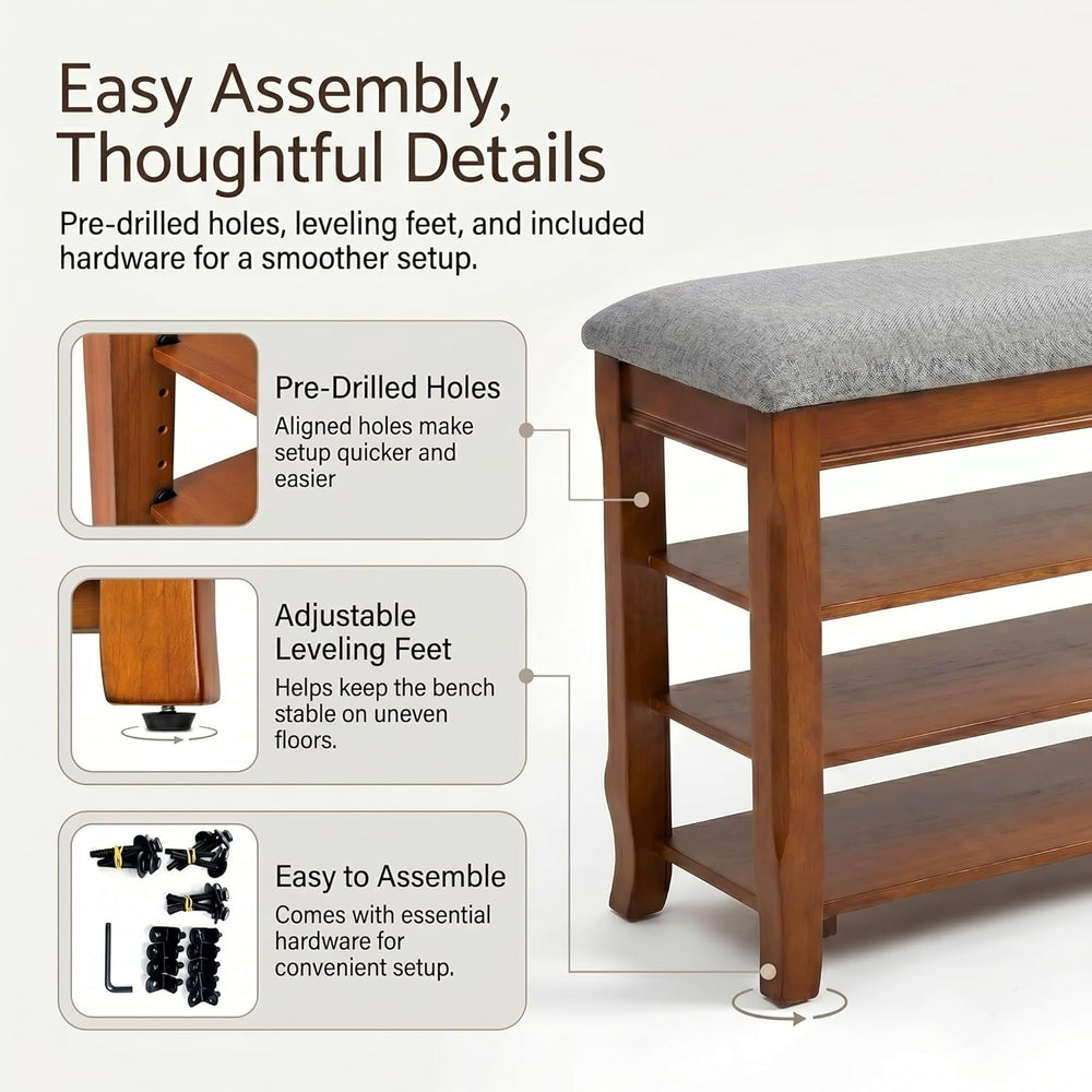 Solid Wood Shoe Bench with Storage, Flip-Top Soft-Close Lid, Adjustable Shelv...