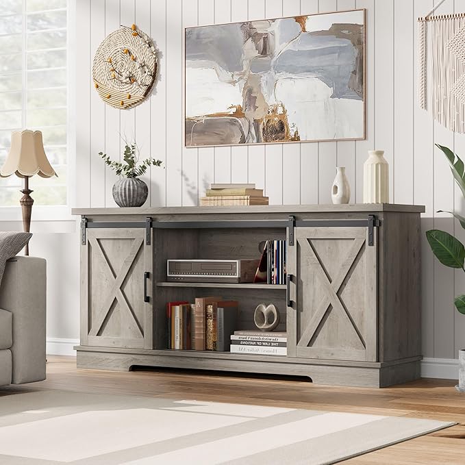 IDEALHOUSE Farmhouse Tv Stand for 65 inch TVs, Entertainment Center with Sliding Barn Doors and Adjustable Shelf, Modern Storage Media TV Console TV Stand Table for Living Room, Bedroom, Grey