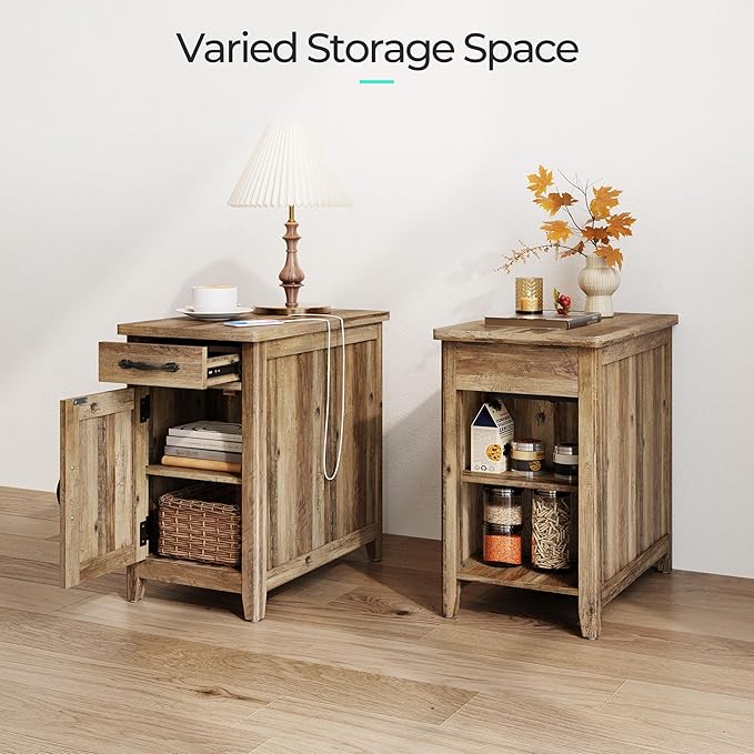LINSY HOME Farmhouse End Table with Charging Station, Narrow Side Table for L...