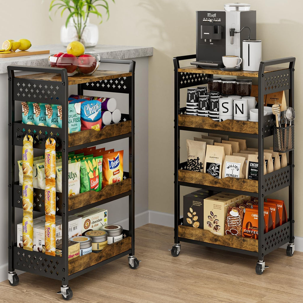4 Tier Rolling Storage Utility Snack Cart on Wheels | durable metal and wood frame, suitable for kitchen bathroom pantry vanity bedroom living room dorm, no shake, move smoothly