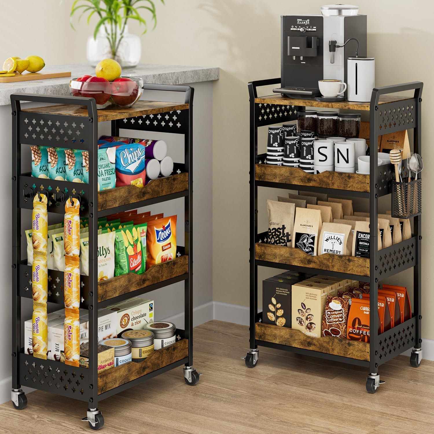 4 Tier Rolling Storage Utility Snack Cart on Wheels | durable metal and wood frame, suitable for kitchen bathroom pantry vanity bedroom living room dorm, no shake, move smoothly