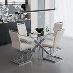5 Piece Dining Table Table Set, Modern Tempered Glass Dining Table Set for 4 Kitchen Table Set with 4 Upholstered Chairs for Kitchen Dining Room (Sliver Table with White Chairs)