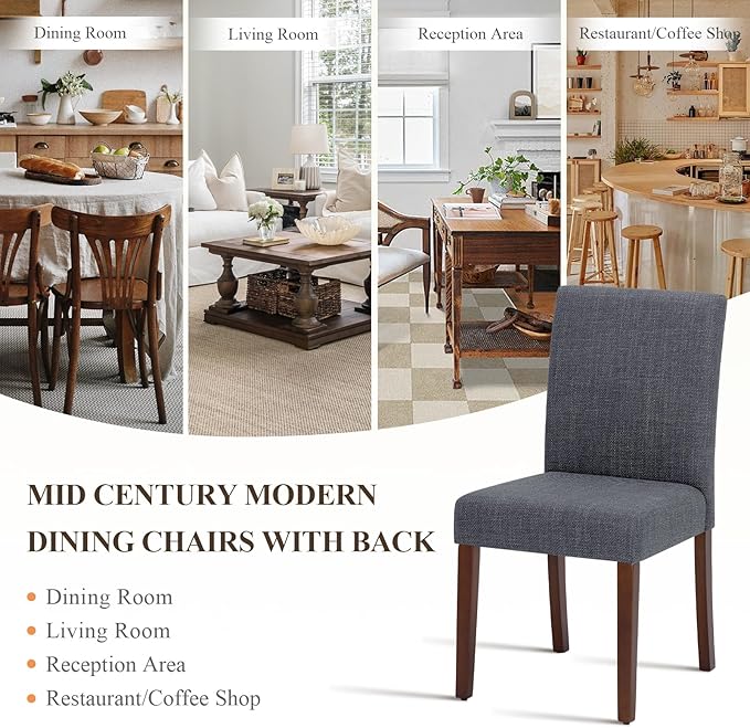 Upholstered Parsons Dining Chairs Set of 2, Modern Dining Room Chairs with Back, Fabric Kitchen Side Chairs with Wood Legs for Dinner Farmhouse Restaurant, Dark Grey