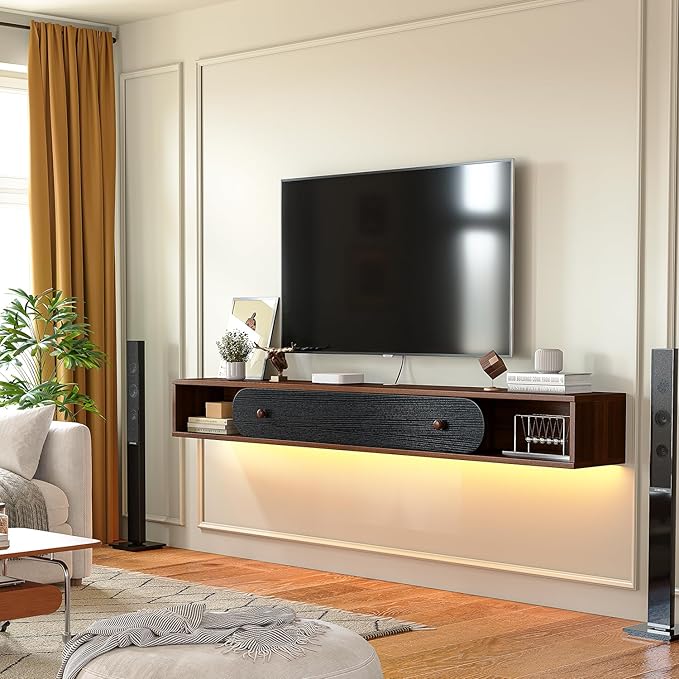 Furninova Floating TV Stand,Wall Mounted Entertainment Center for 75+ Inch TV,Plywood Floating Media Console with 1 Flip Down Door & Cable Management,Modern Space Saving TV Shelf,70'' (Walnut & Black)