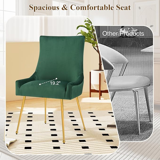 Velvet Dining Chairs Set of 6, Modern Upholstered Kitchen Chair with Pull Handle & Pleated Back, Mid Century Accent Chair with Gold Metal Legs for Vanity,Dining,Kitchen,Living Room, Green