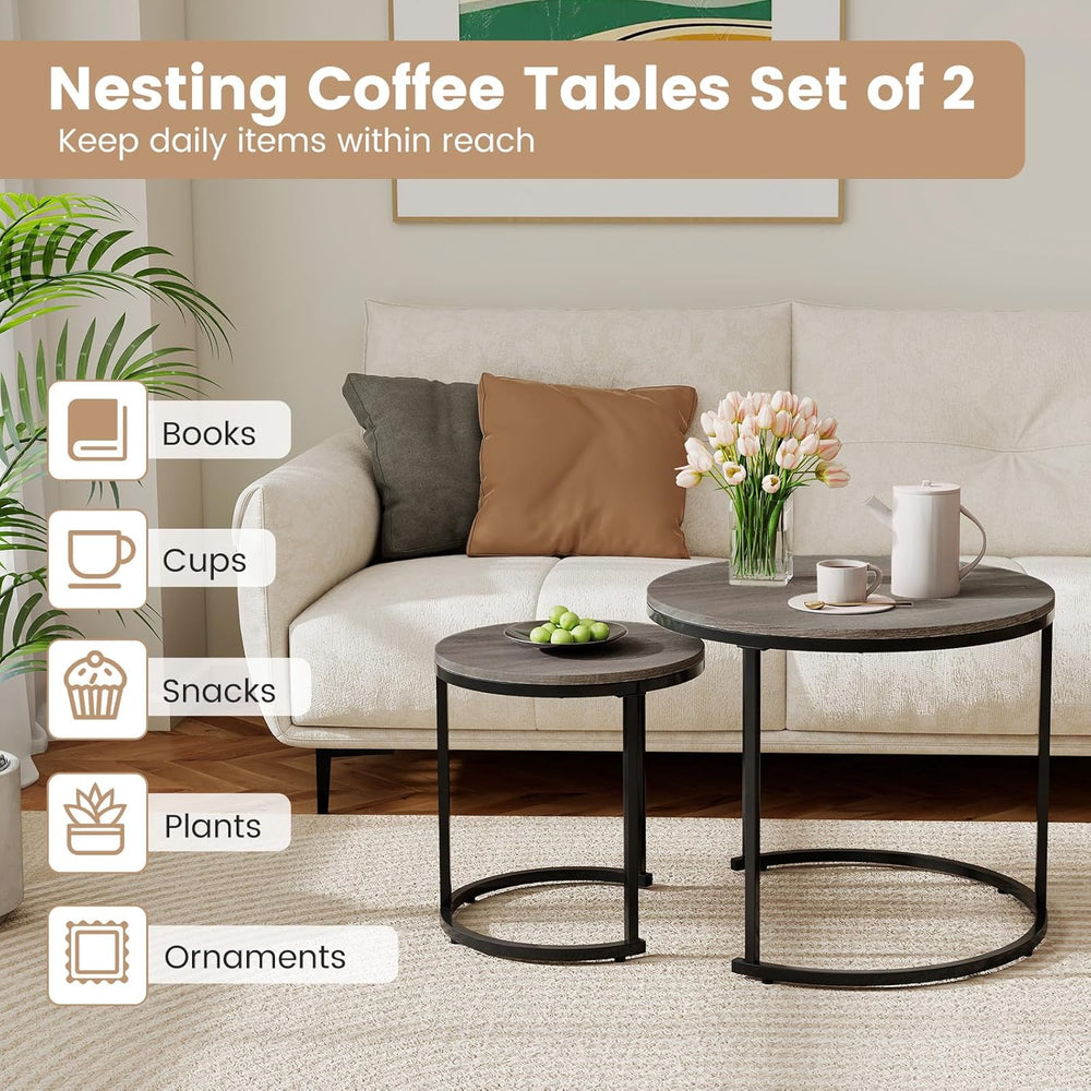 Giantex Nesting Coffee Table Set of 2, Round Stacking Side Tables with Wooden...
