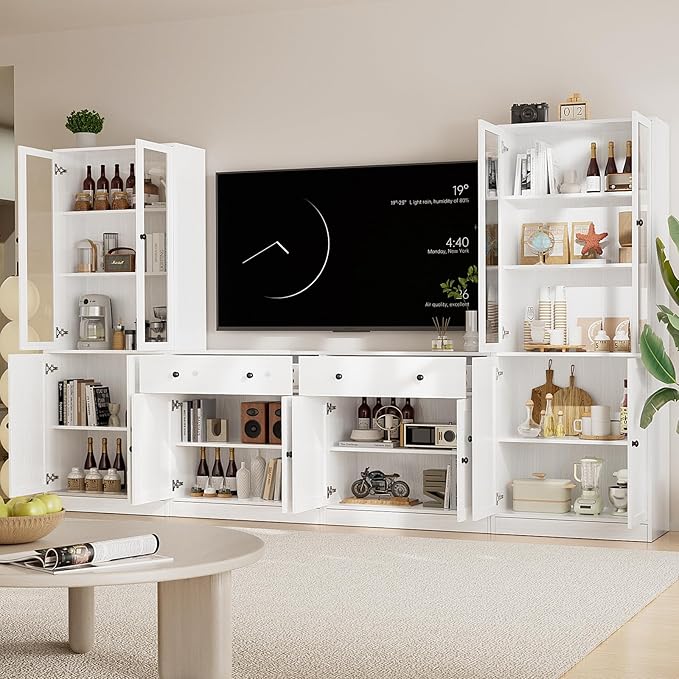 TUSY 71" TV Stand Storage Set - 2 Tall Bookcases & 2 Side Cabinets, Media Console with Glass & Wood Doors, Entertainment Center with Drawers, Tall Media Console for Living Room (White, AEEA)