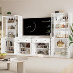 TUSY 71" TV Stand Storage Set - 2 Tall Bookcases & 2 Side Cabinets, Media Console with Glass & Wood Doors, Entertainment Center with Drawers, Tall Media Console for Living Room (White, AEEA)