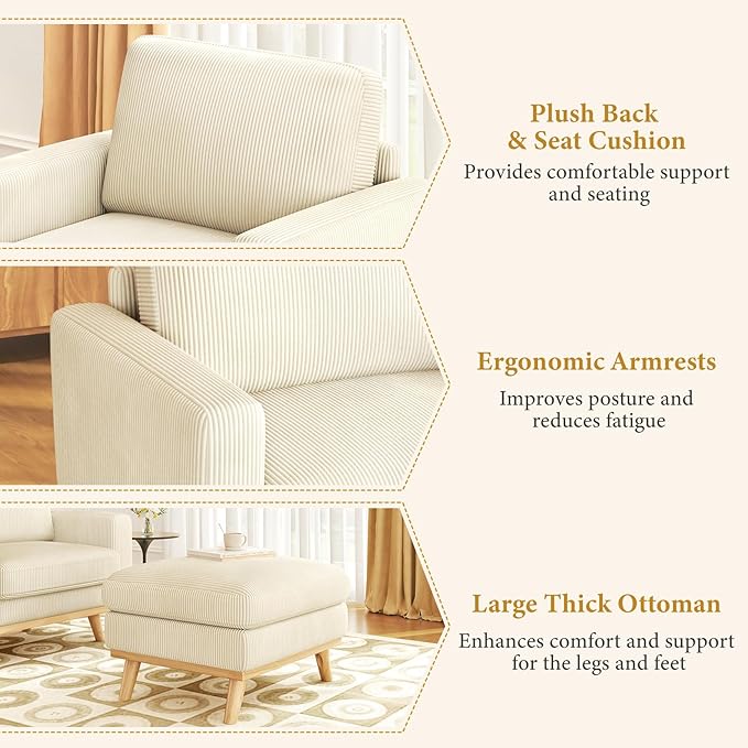 Vesgantti 38.5" Accent Chair with Movable Ottoman, Comfy Corduroy Armchair with Spring Cushion, Reading Chair with Ottoman, Modern Single Sofa for Living Room, Bedroom and Apartment, Beige